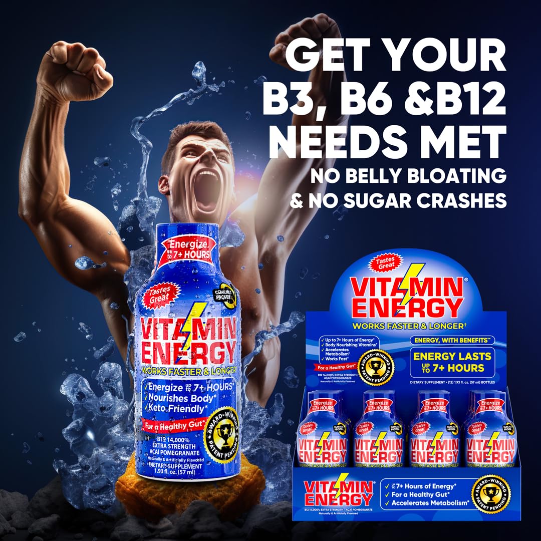 Vitamin Energy B12 Energy Shots | Natural Healthy Energy & Focus Drink | Sugar-Free Carb-Free Supplement | Vitamins B6, B12 | Energize up to 7+ Hours | Acai Pomegranate - 1.93 fl oz - Pack Of 12
