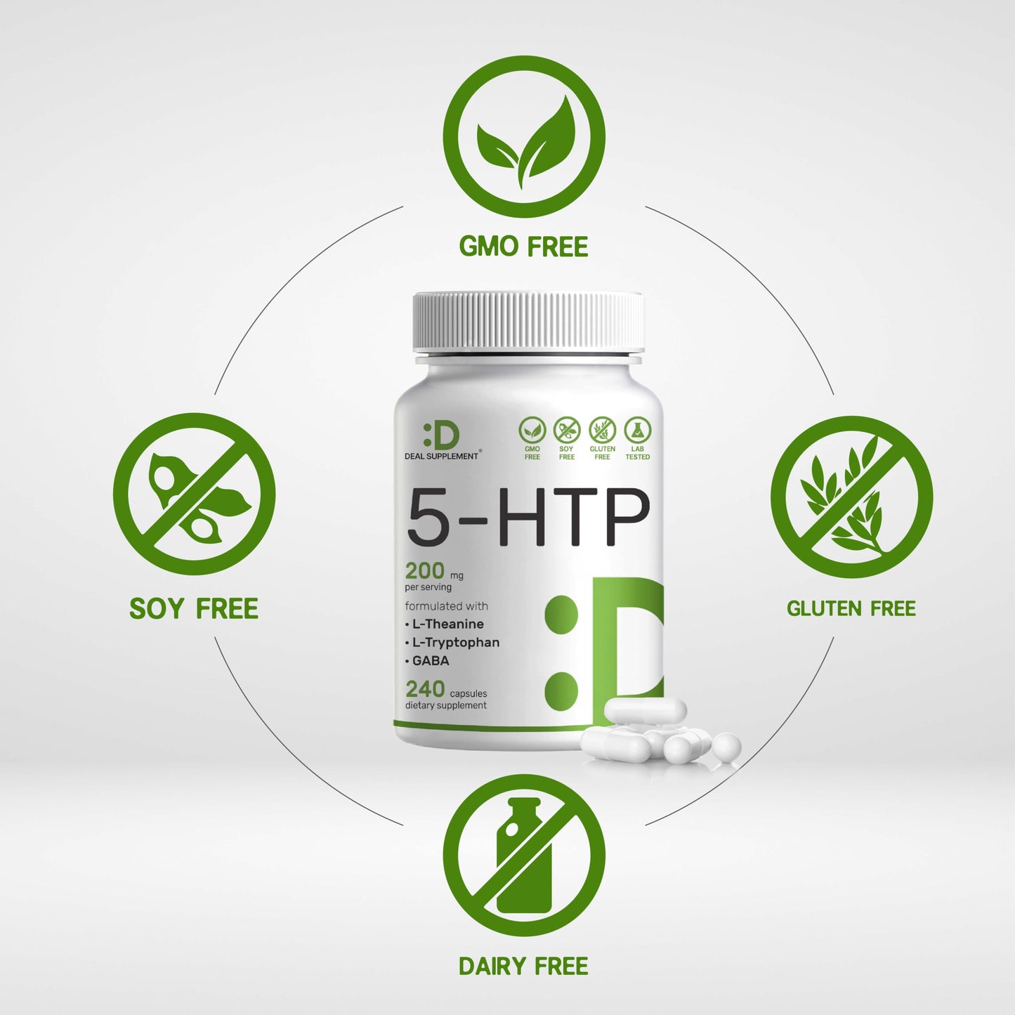 Deal Supplement 5-HTP 200mg Per Serving, 240 Capsules, 98% African Derived Griffonia Seed Extract | 4 in 1 Formula | Plus Active L Theanine, L Tryptophan, & GABA | Relaxation Support Supplement