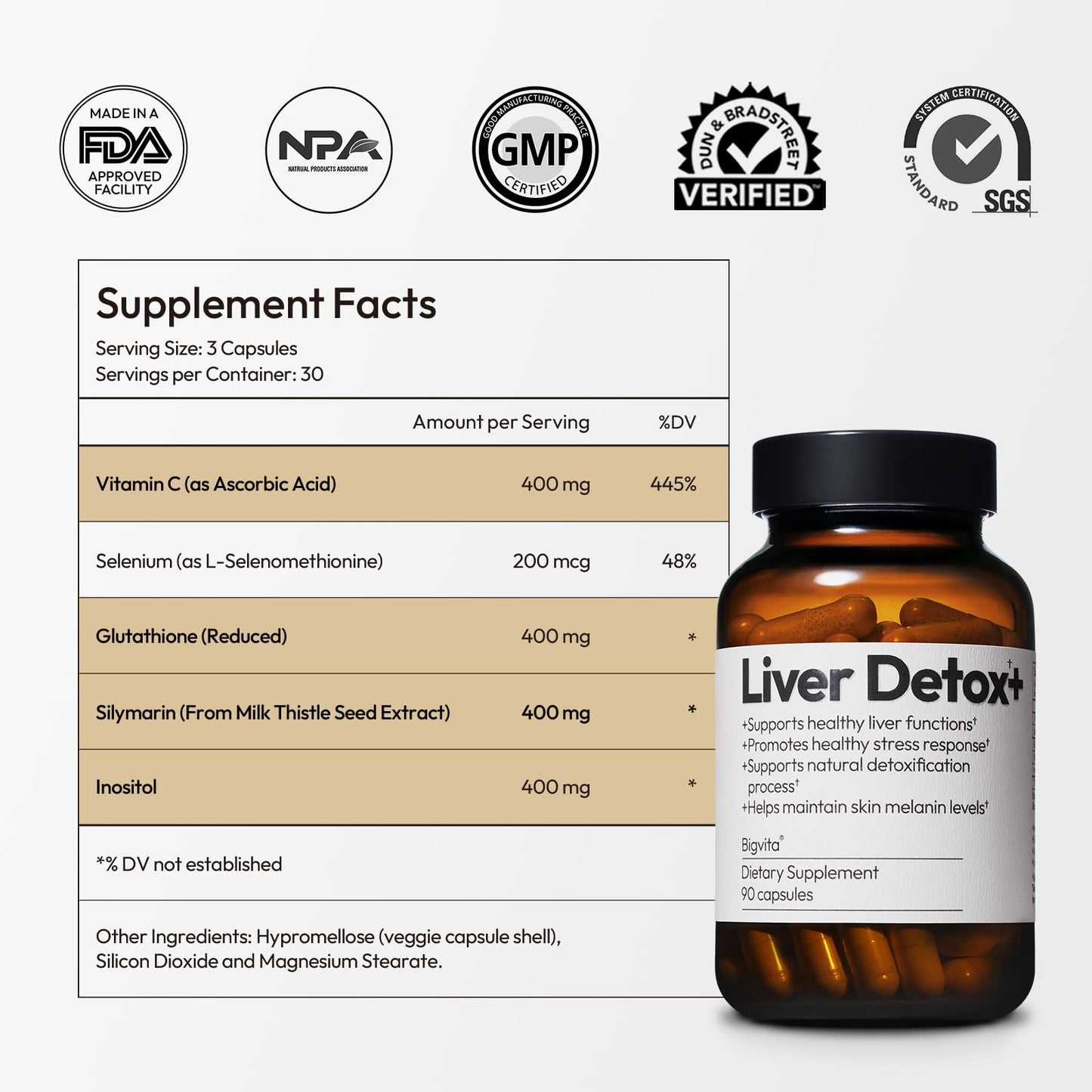 BigVita Liver Detox Vegan Gluten Free Liver Health Supplement Cleanse Detox & Repair Hangover Helper Contains Milk Thistle Glutathione Vitamin C Inositol and Selenium, 90 Capsules