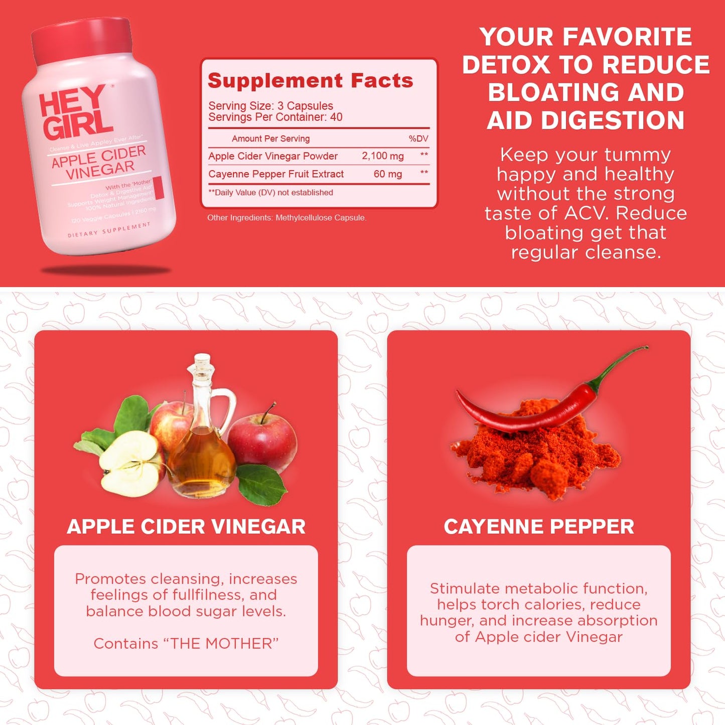 Apple Cider Vinegar Capsules with The Mother - 2160mg Apple Cider Vinegar Pills with Cayenne Pepper - 120 Vegan ACV Capsules with Mother for Detox Cleanse, Keto, Digestion & Bloating