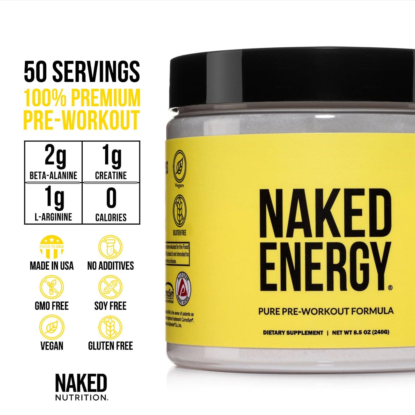 Naked Energy - Pure Pre Workout Powder for Men and Women, Vegan, Unflavored, Healthy Pre Workout - No Added Sweeteners, Colors Or Flavors - 50 Servings