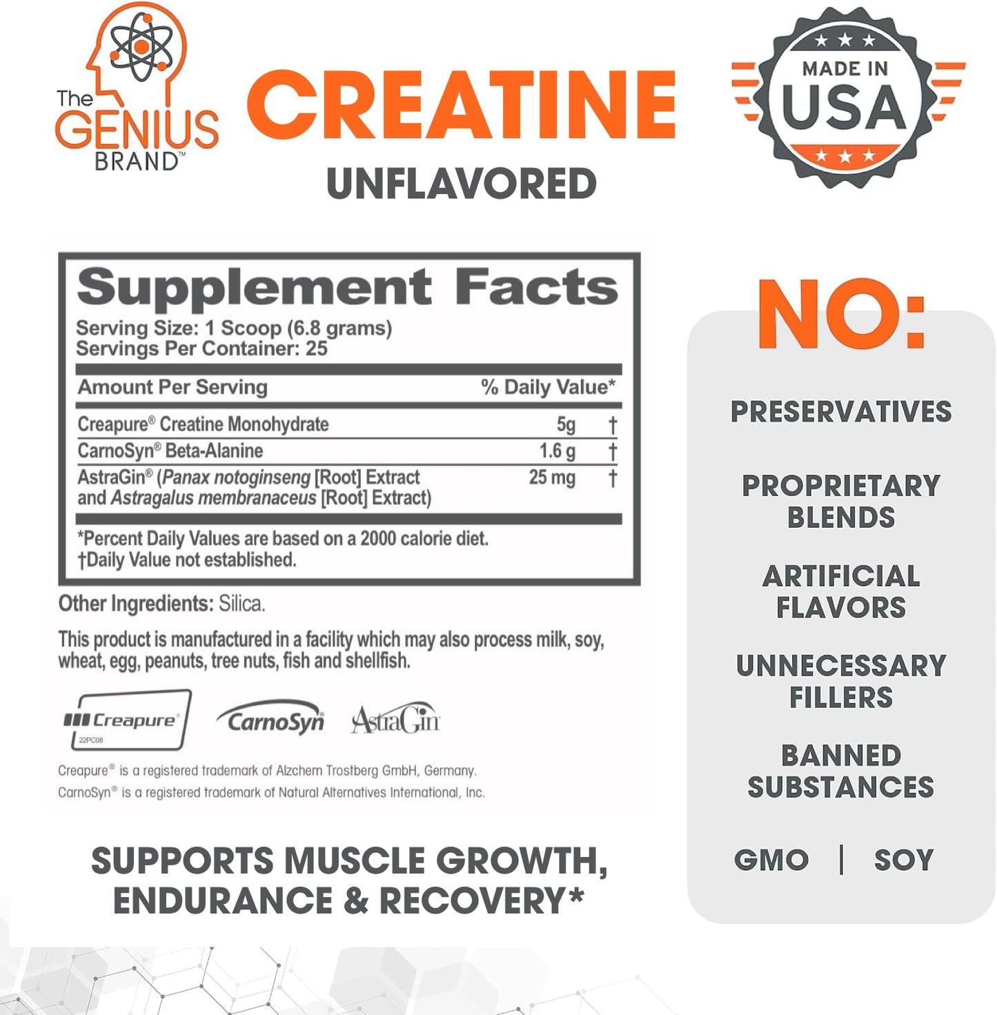 Genius Micronized Creatine Monohydrate Powder, Post Workout Supplement, Unflavored - 100% Naturally Flavored & Sweetened - Supports Muscle Building, Cellular Energy & Cognitive Function - 170g