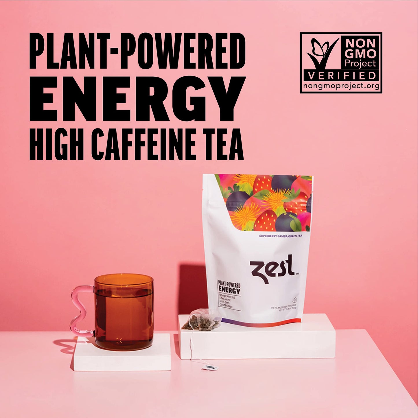 Zest 135mg High Caffeine Energy Leaf Blend Superberry Samba Green Tea 20 Pack Bag Hot or Iced All Natural Strong Flavored Healthy Coffee Highly Caffeinated Substitute Perfect for Keto Diet