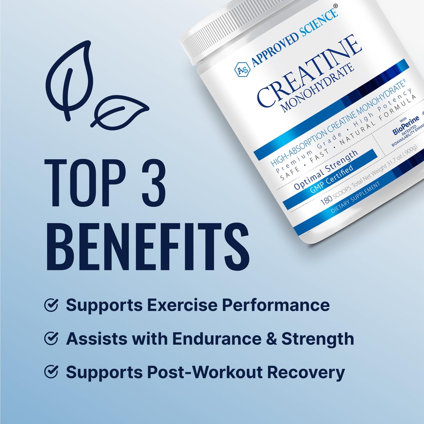 Approved Science Creatine Monohydrate Powder with BioPerine - Supports Lean Muscle Growth and Recovery - 180 Servings - 5g Per Serving - Unflavored - Non-GMO, Vegan