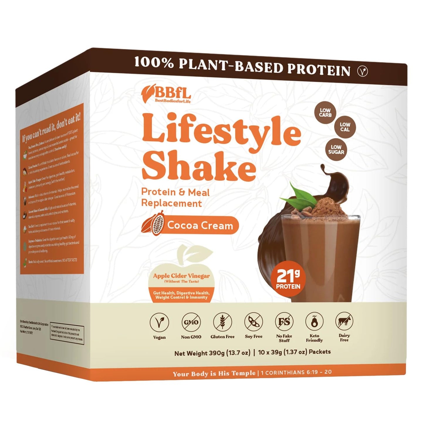 BBfL Meal Replacement Shakes, 21g Protein, Vegan Plant Based Protein Powder, Apple Cider Vinegar, Digestive Enzymes, All in One Shake for Women & Men (10 Servings, Cocoa Cream)