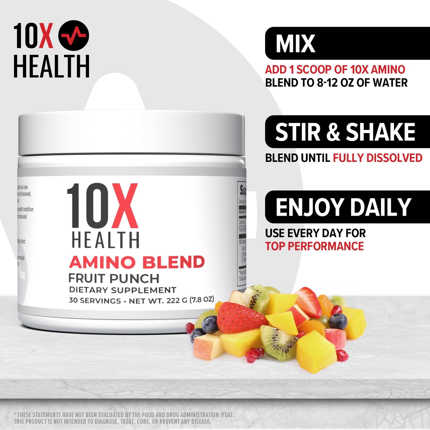 10X Health Amino Blend Fruit Punch - Contains EAA and BCAA Amino Acids Supplement - Essential Amino Acids Powder for Men and Women, Pre and Post-Workout Amino Energy Boost - 30 Servings
