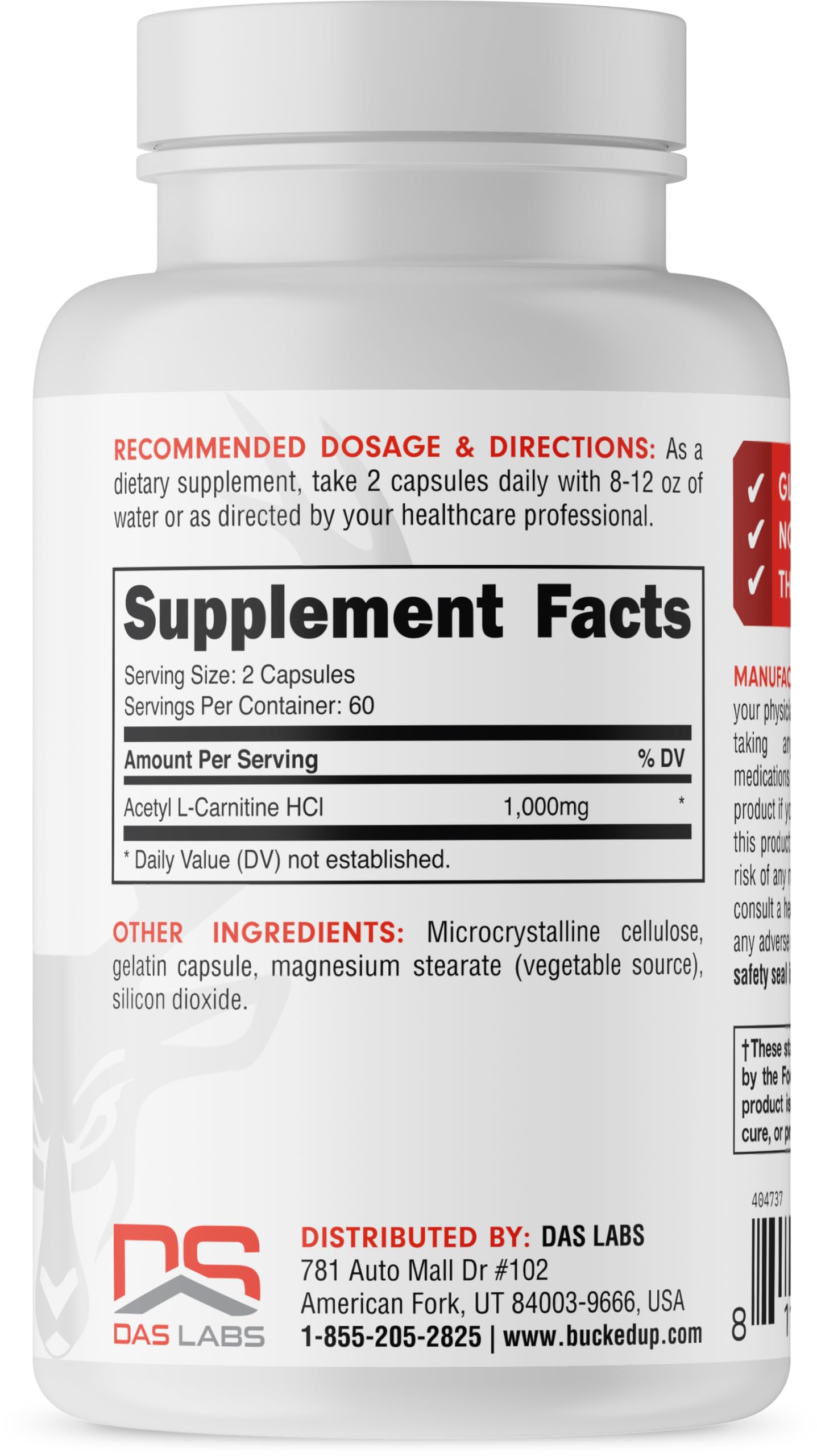 Bucked Up Acetyl L-Carnitine 1000mg Per Serving, Supports Brain Function Essentials (60 Servings, 120 Capsules)