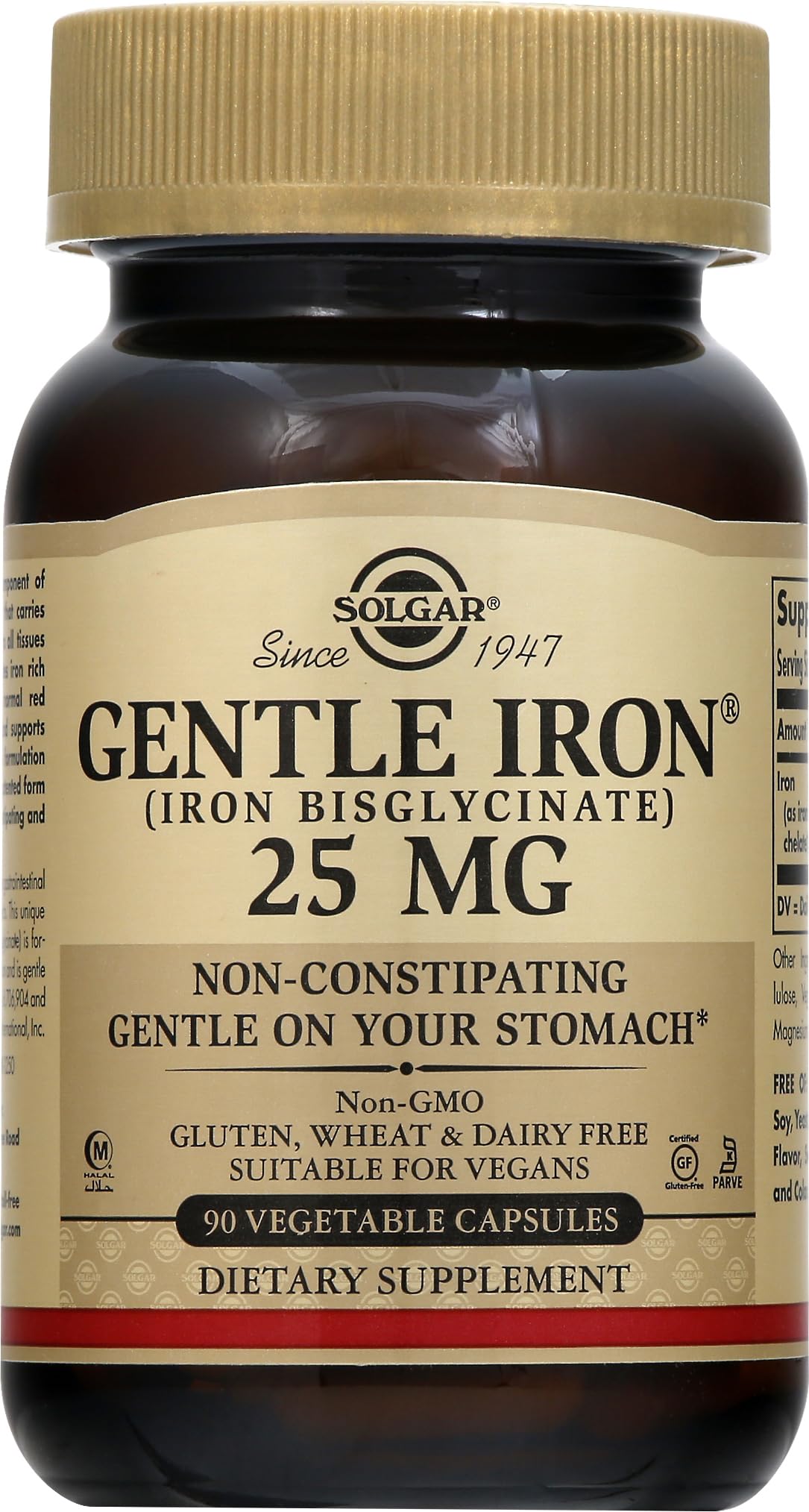 Solgar Gentle Iron (Iron Bisglycinate) 25 mg - 90 Vegetable Capsules - Non-Constipating, Gentle on Your Stomach - Gluten Free - 90 Servings