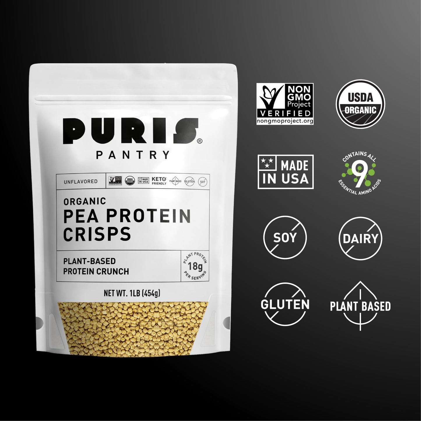 PURIS Organic Pea Protein Crisps, 1LB, Certified Organic Pea Protein Isolate, Keto Protein Crunch, Made 100% in The USA, Non-GMO, Gluten Free, No Sugar, No Soy, 18g Protein, 7g Carbs, Unflavored