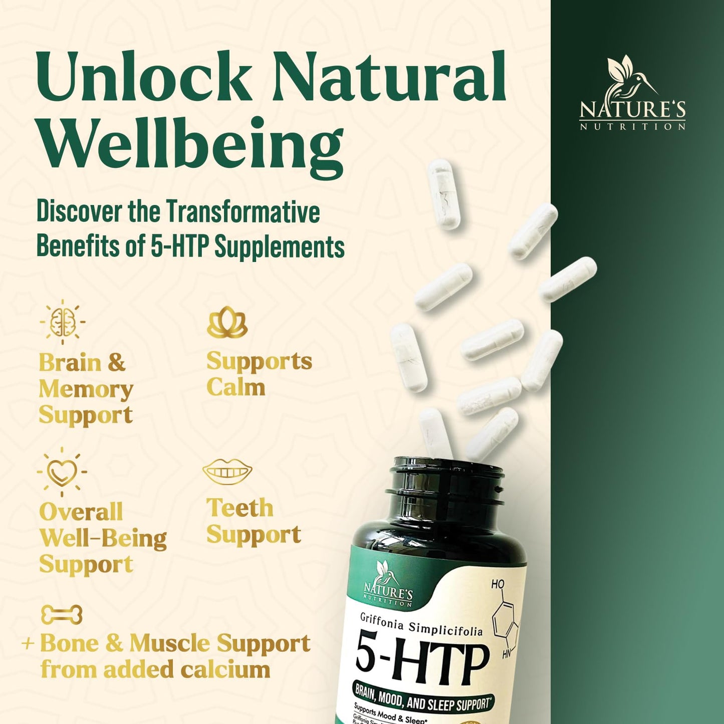 5 HTP Supplement Capsules 200 mg 5HTP Plus Calcium for Brain & Calm Support - Extra Strength Premium Griffonia Simplicifolia 5-HTP Formula - 5 Hydroxytryptophan - Gluten Free 60 Vegetarian Capsules