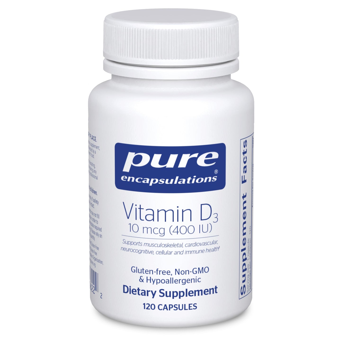 Pure Encapsulations Vitamin D3 10 mcg (400 IU) | Hypoallergenic Support for Bone, Breast, Cardiovascular, Colon and Immune Health | 120 Capsules