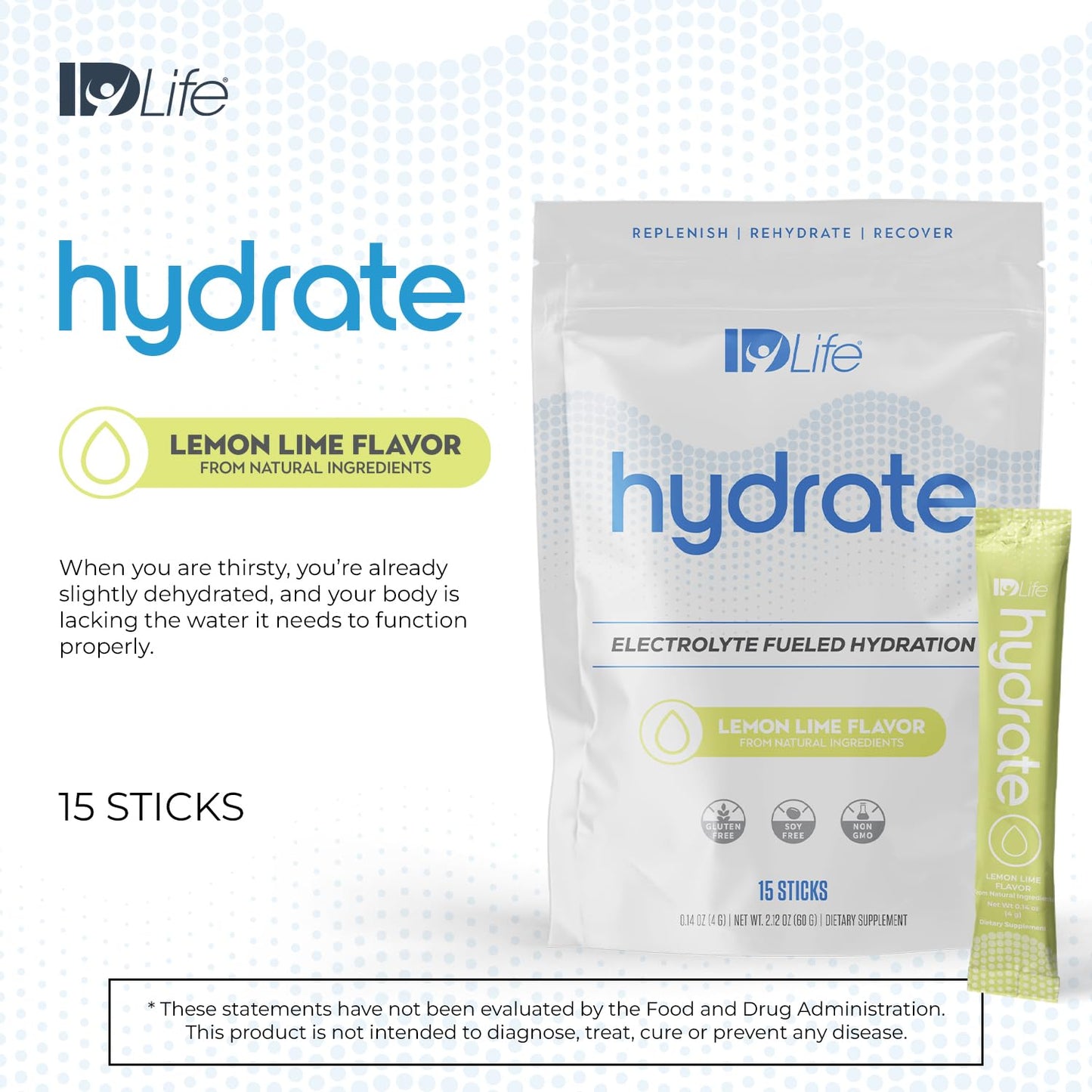 IDLife Lemon Lime Hydrate Drink Powder - Instant Electrolyte Fueled Hydration with Vitamins, MCTs & Minerals for Vital Nutrients - 15 Sticks per Bag