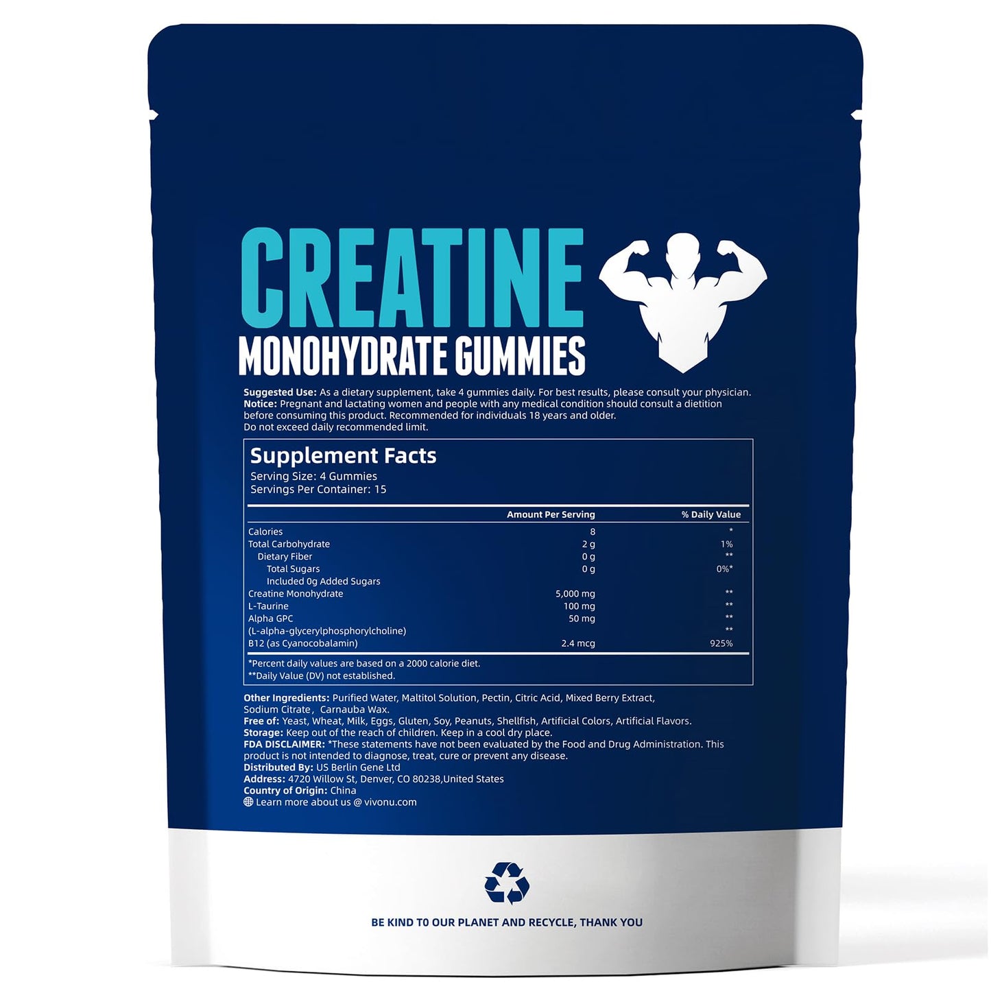 VivoNu Creatine Gummies 60 Count - Mixed Berry Flavors | Sugar Free Vegan Creatine Monohydrate Supplement for Men & Women | Non-GMO Gluten Free Pre Workout Supplements (2 Bag/120 Gummies)