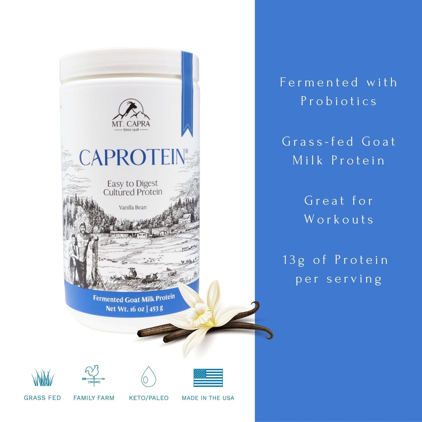 Mt. Capra Caprotein | Casein Protein Concentrate, Fermented Goat Milk Protein from Grass-Fed Pastured Goats, Extremely Easy to Digest | Vanilla Bean | 23 Servings - 16 oz