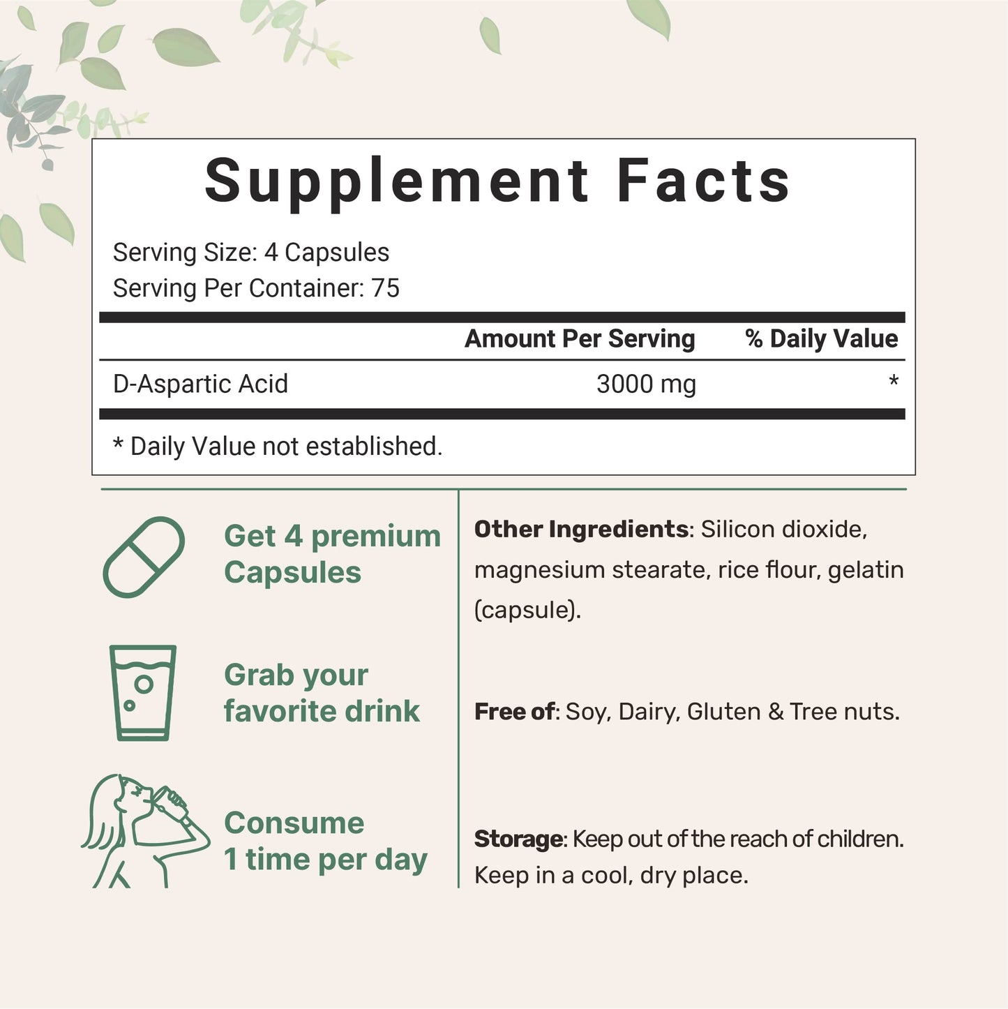 Micro Ingredients D Aspartic Acid Pills, DAA Supplement, 3000mg Per Serving, 300 Capsules, Premium D Aspartic Acid, Non-GMO