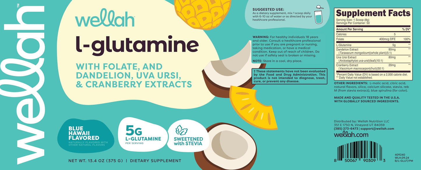 Wellah L-Glutamine Powder Blue Hawaii (50 Servings) - 5g L-Glutamine Per Serving, Sweetened with Stevia