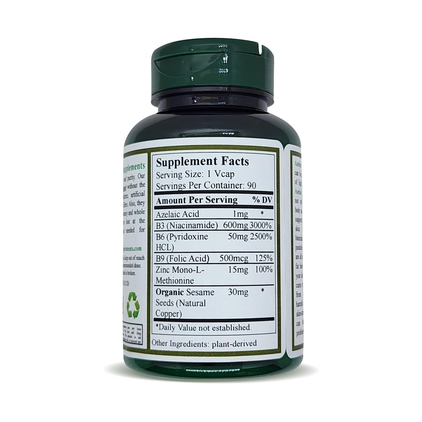 Green Organic Supplements Acne, Azelaic Acid, 90 VCaps, High Absorbable, Non-GMO, Gluten-Free, (Single)