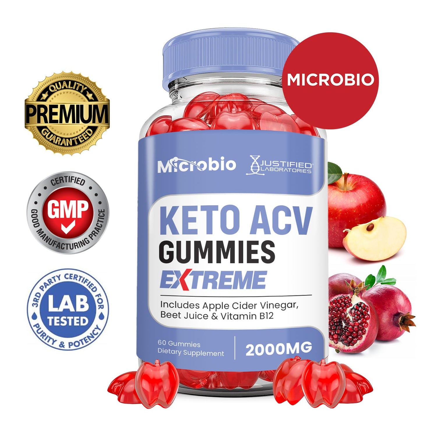 Microbio Keto ACV Gummies Extreme 2000MG Micro Bio Keto Gummies Apple Cider Vinegar Formulated with Pomegranate Beet Juice Powder B12 Vegan Non GMO 60 Gummys