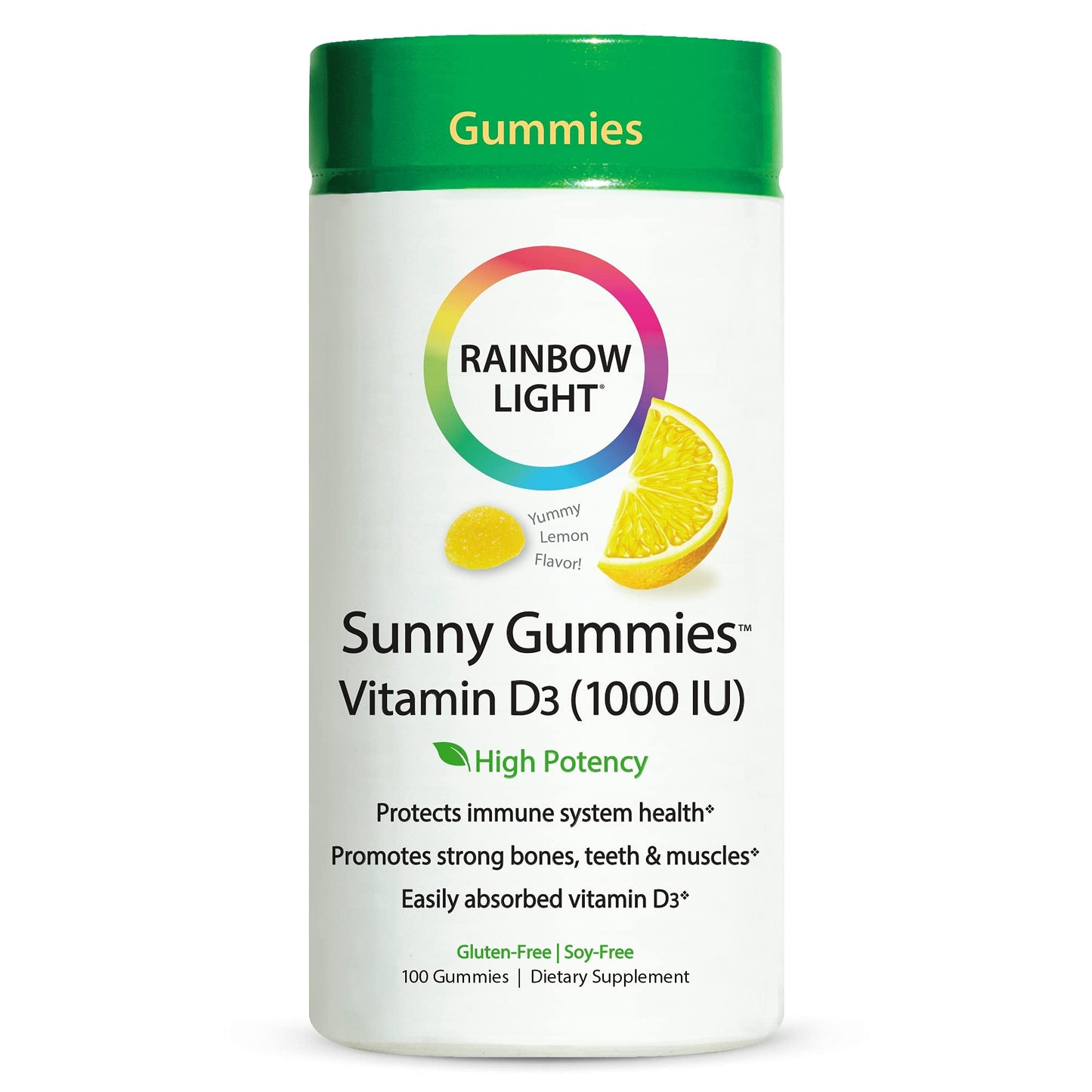 Rainbow Light Vitamin D Gummies, Sunny Gummies, Vitamin D3 1,000 IU, Gluten Free, Protects Immune System Health, Lemon, 100 Gummies