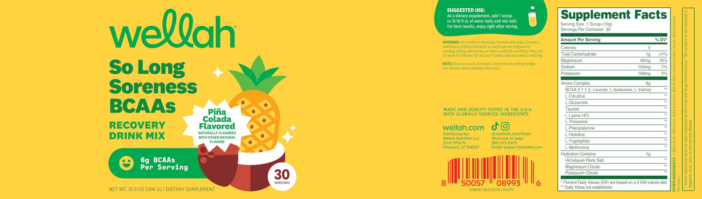 Wellah So Long Soreness BCAA Powder (Pina Colada Flavored) 30 Servings - with Hydration Complex