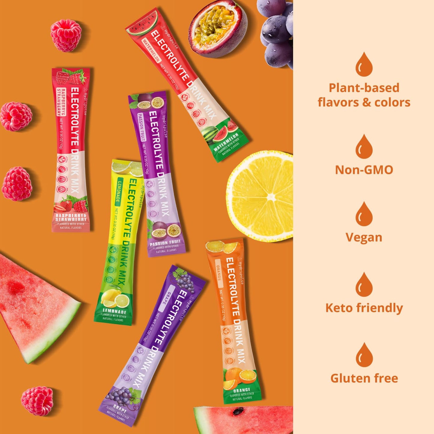 HydriPulse Electrolytes Powder Packets - Sugar Free, Naturally Flavored, 10 Electrolyte & Vitamins Electrolyte Drink Mix - Orange Flavors, Keto Friendly, Vegan, Non- GMO, 18 Packets