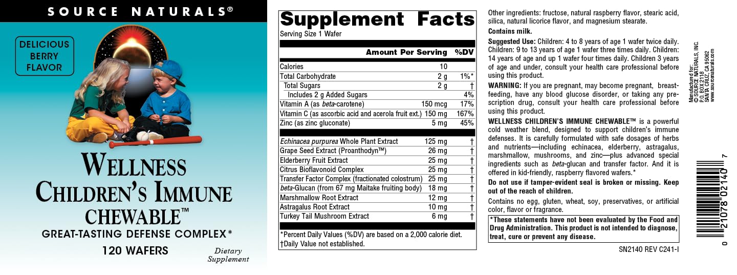 Source Naturals Wellness Children's Immune Chewable, Great-Tasting Defense Complex, Berry Flavored* - 120 Wafers