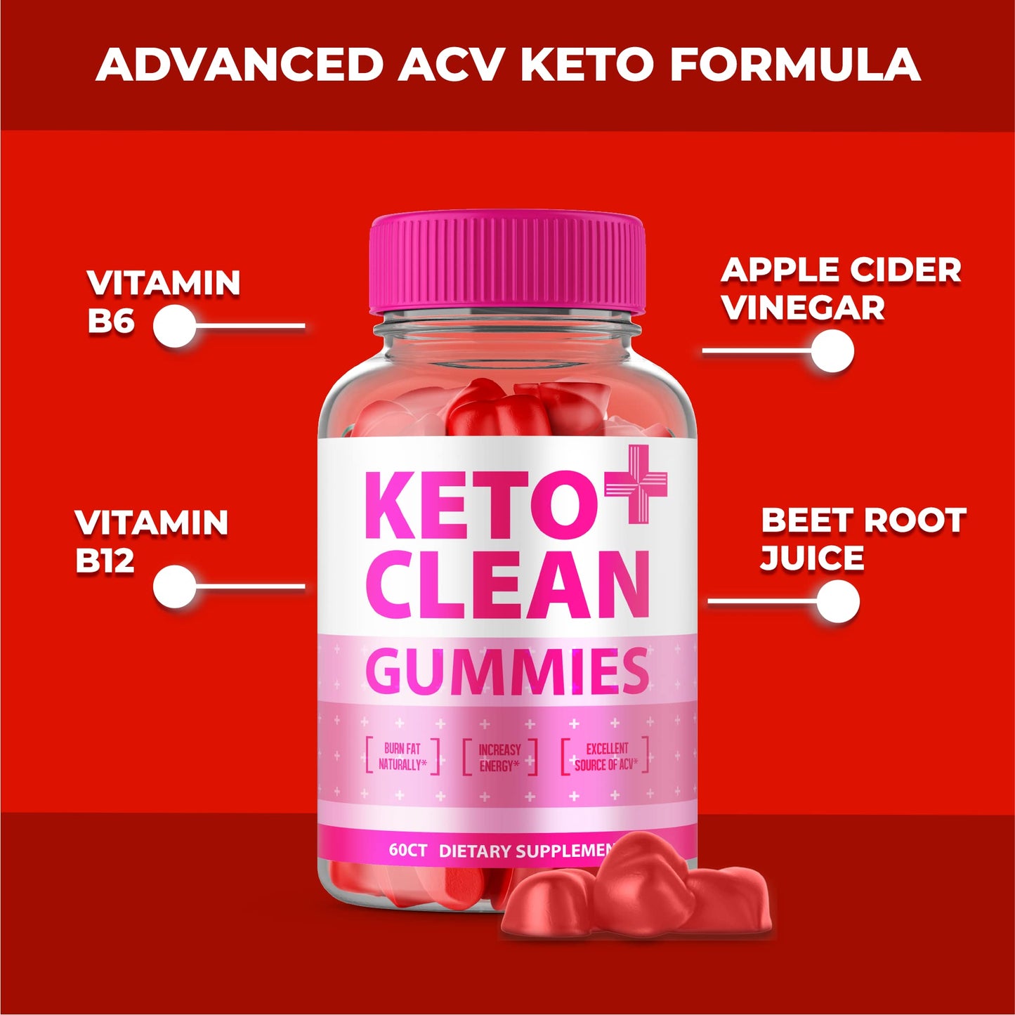 Keto Clean Gummies - Advanced Formula Vegan Keto Gummies Keto Clean Plus ACV Gummies Clean Gummies with Apple Cider Vinegar, Beet Root Juice Vitamin B12, Pomegranate Keto AVC Gummy Bears (60 Gummies)