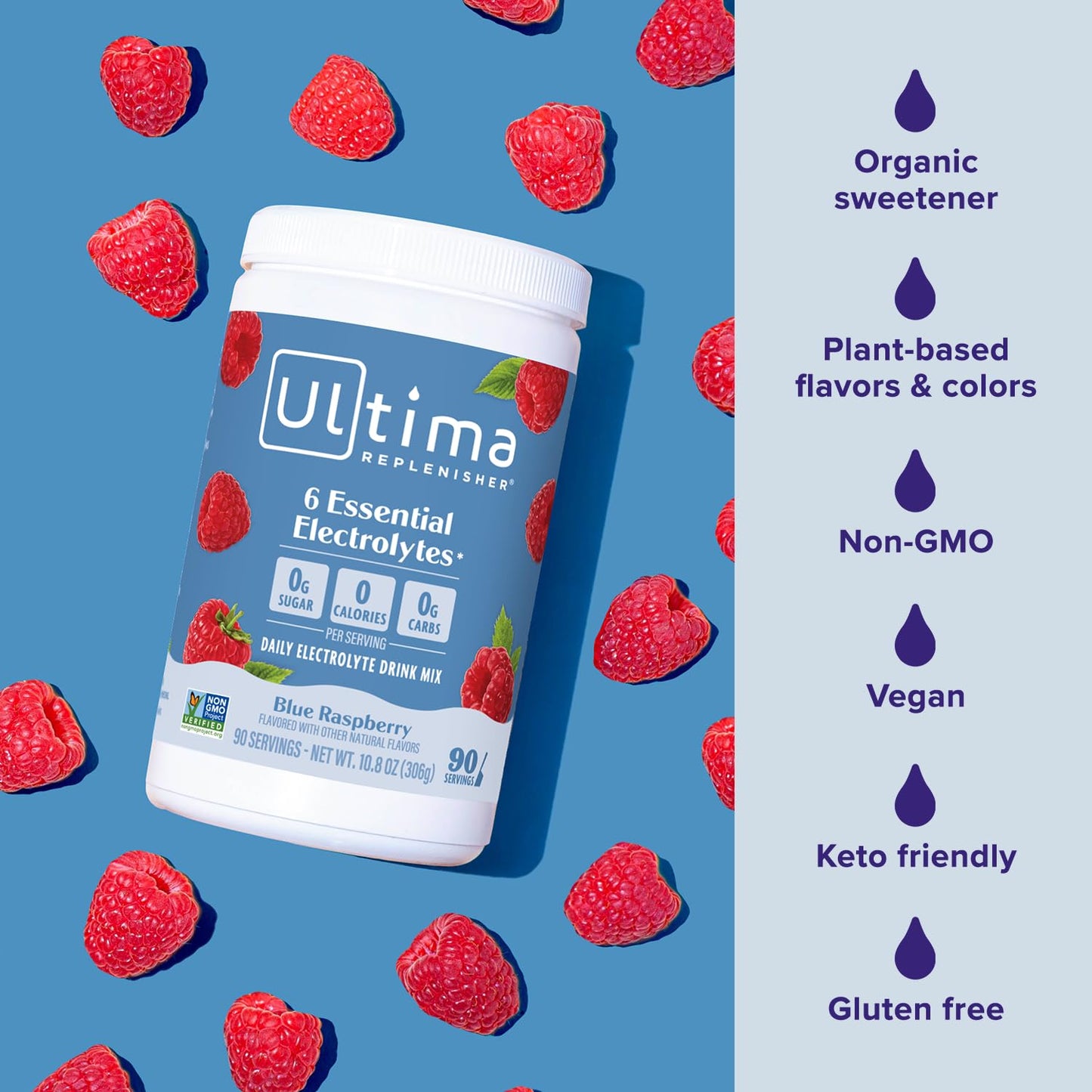 Ultima Replenisher Daily Electrolyte Powder Drink Mix - Blue Raspberry, 90 Servings - Hydration Powder with 6 Electrolytes and Minerals - Keto Friendly, Vegan, Non-GMO and Sugar-Free