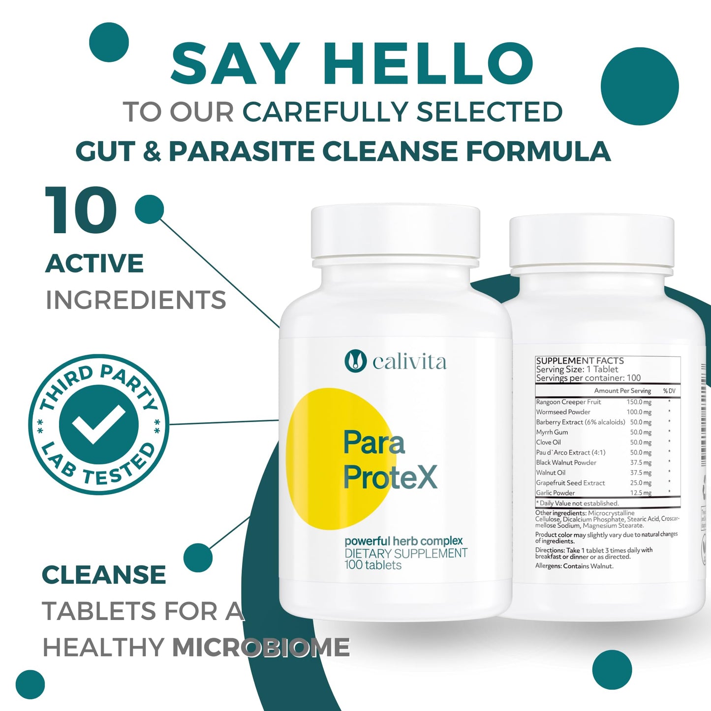 ParaProteX - Intestinal Cleanse for Humans - Black Walnut Wormwood - Gut Detox - All Natural Dewormer - Clove Oil - Gut Health Support & Microbal Balance - 10 Active Ingredients - 100 Vegan Tablets