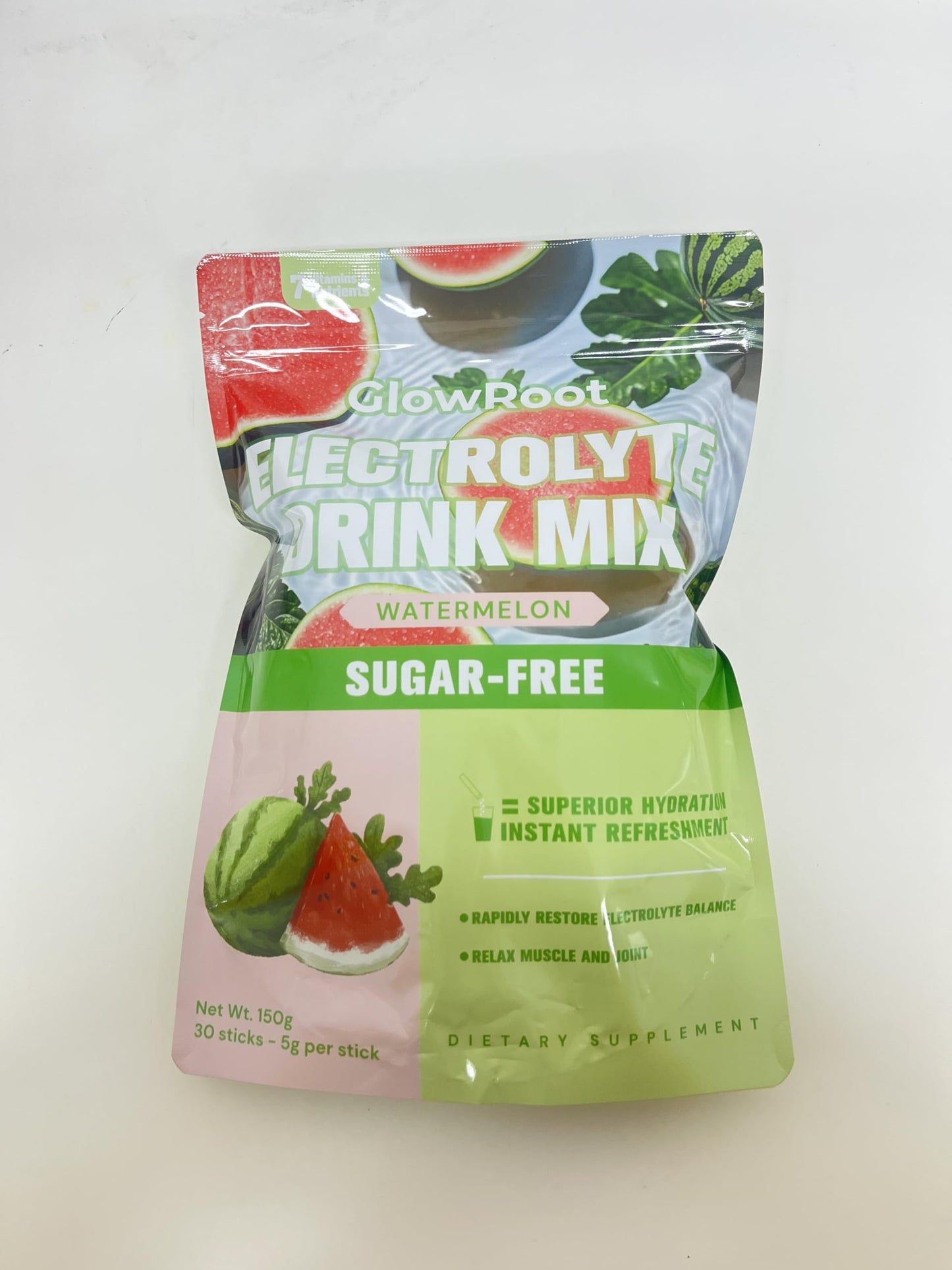 GlowRoot Daily Electrolyte Drink - Watermelon Flavor, 30 Stickpacks * 5g- Hydration Packets with 7 Electrolytes & Minerals - Non- GMO, Keto Friendly, & Sugar-Free Electrolyte Powder - 150g