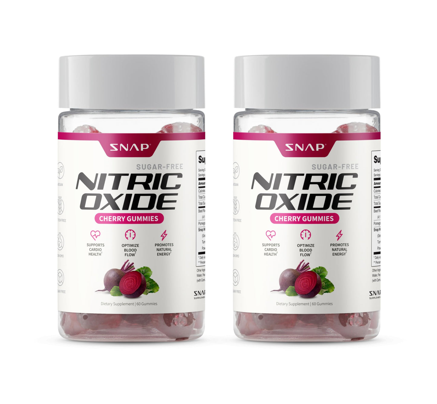 Snap Supplements Beet Root Gummies, Nitric Oxide Supplement w/Organic Beets, Vitamins, Pomegranate & Antioxidants for Energy, Heart Health & Circulation Support, 60 Sugar Free Gummies, 2 Pack, Cherry