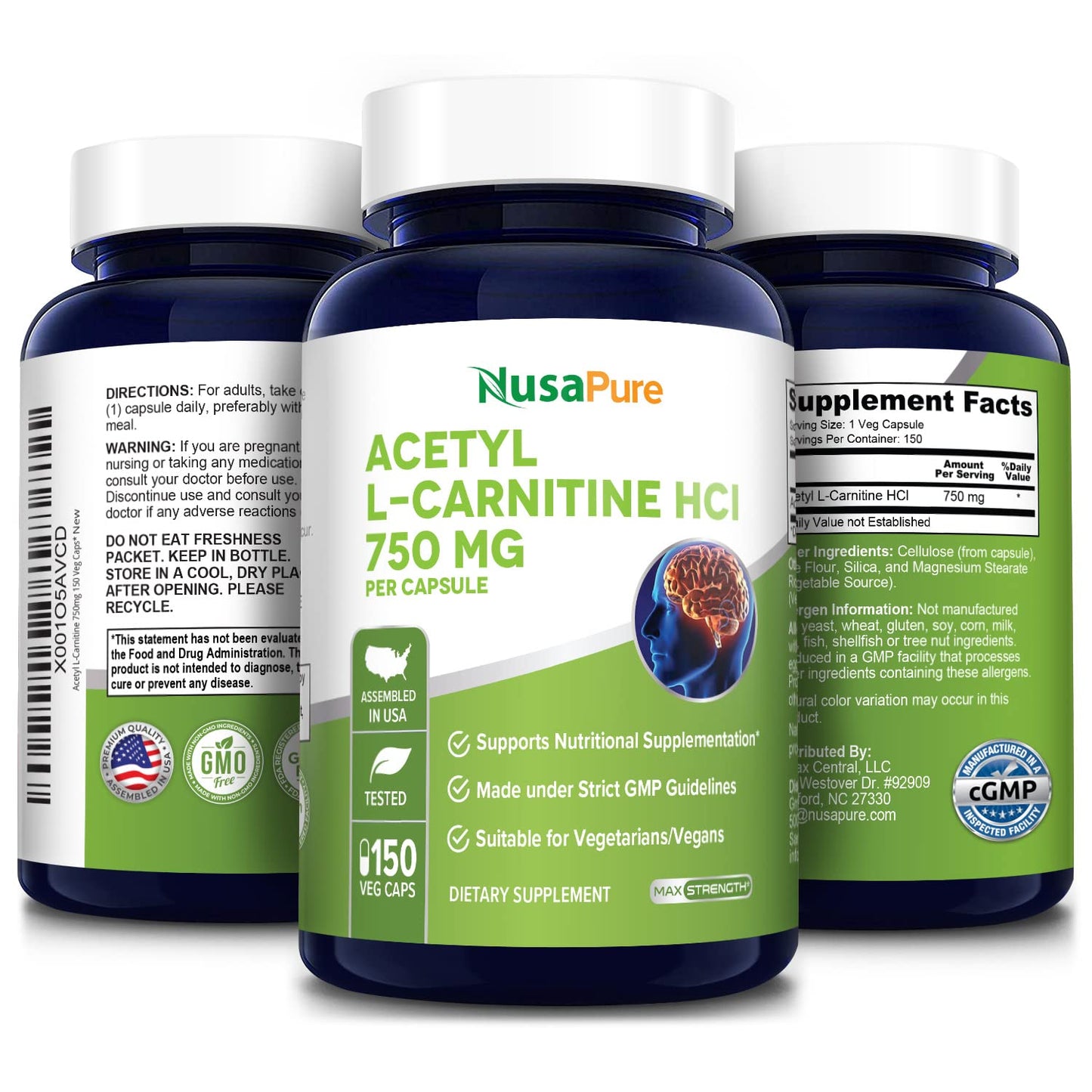 NusaPure Acetyl L-Carnitine 750mg per Caps 150 Veggie Capsules (Non-GMO, Gluten Free) High Potency Acetyl L Carnitine HCL (ALCAR)