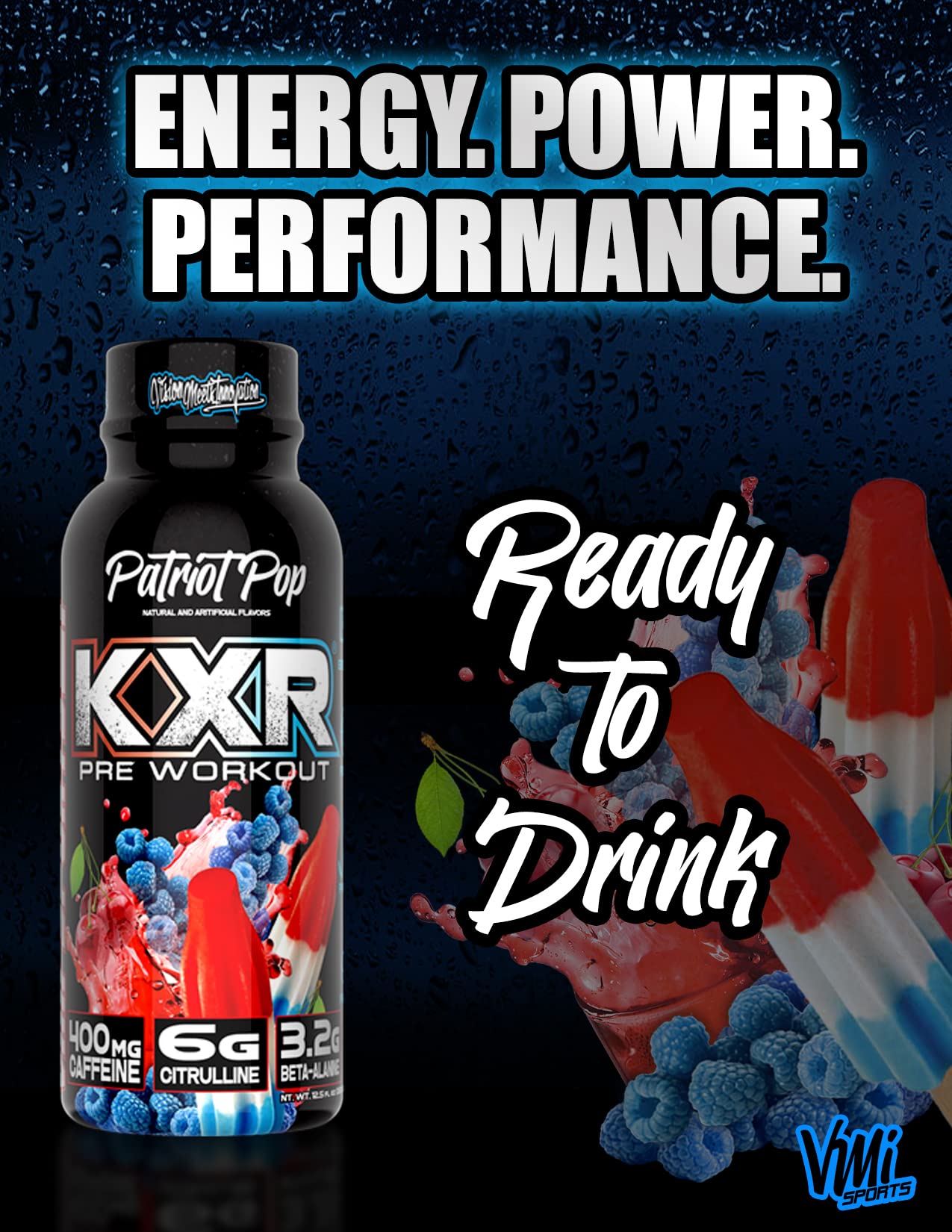 KXR High Stimulant Pre-Workout Energy Ready To Drink by VMI Sports | 400mg Caffeine, 6g Citrulline, 3.2g Beta-Alanine | Delicious - Convenient - Powerful | 12.5 oz bottles (Patriot Pop, 12 bottles)