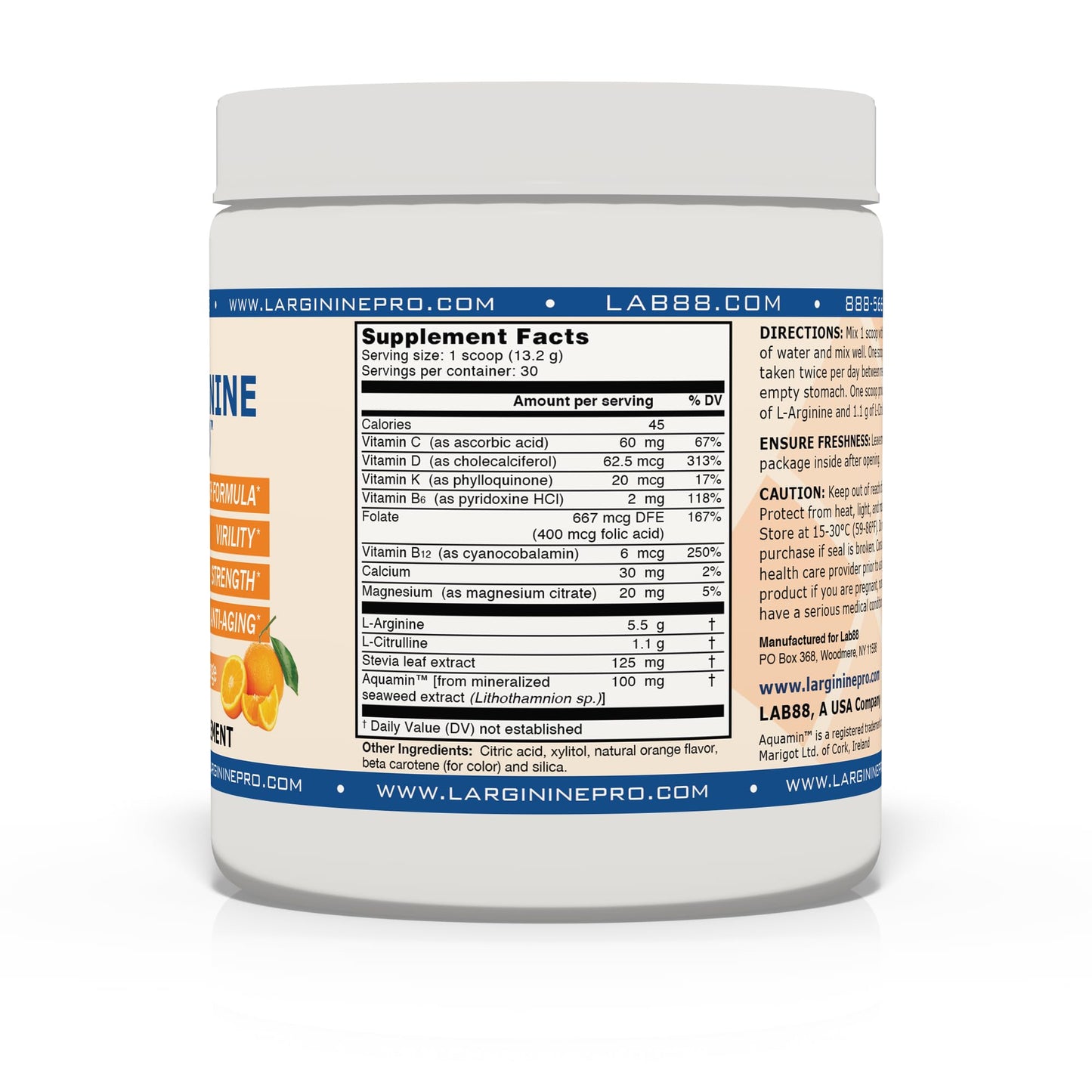 L-ARGININE PRO | L-arginine Supplement Powder | 5,500mg of L-arginine Plus 1,100mg L-Citrulline (6 Jars, Orange)