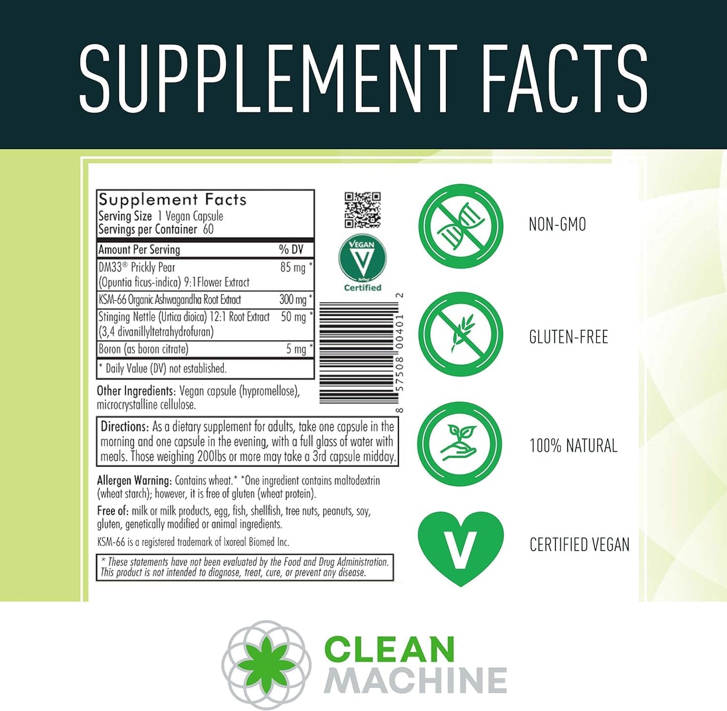 CLEAN MACHINE Cell Block 80 - Natural Vegan Testosterone Support Supplement, Estrogen, DHT & Cortisol Blocker - Prostate Health Supplement with KSM-66 Ashwagandha - 60 Veggie caps