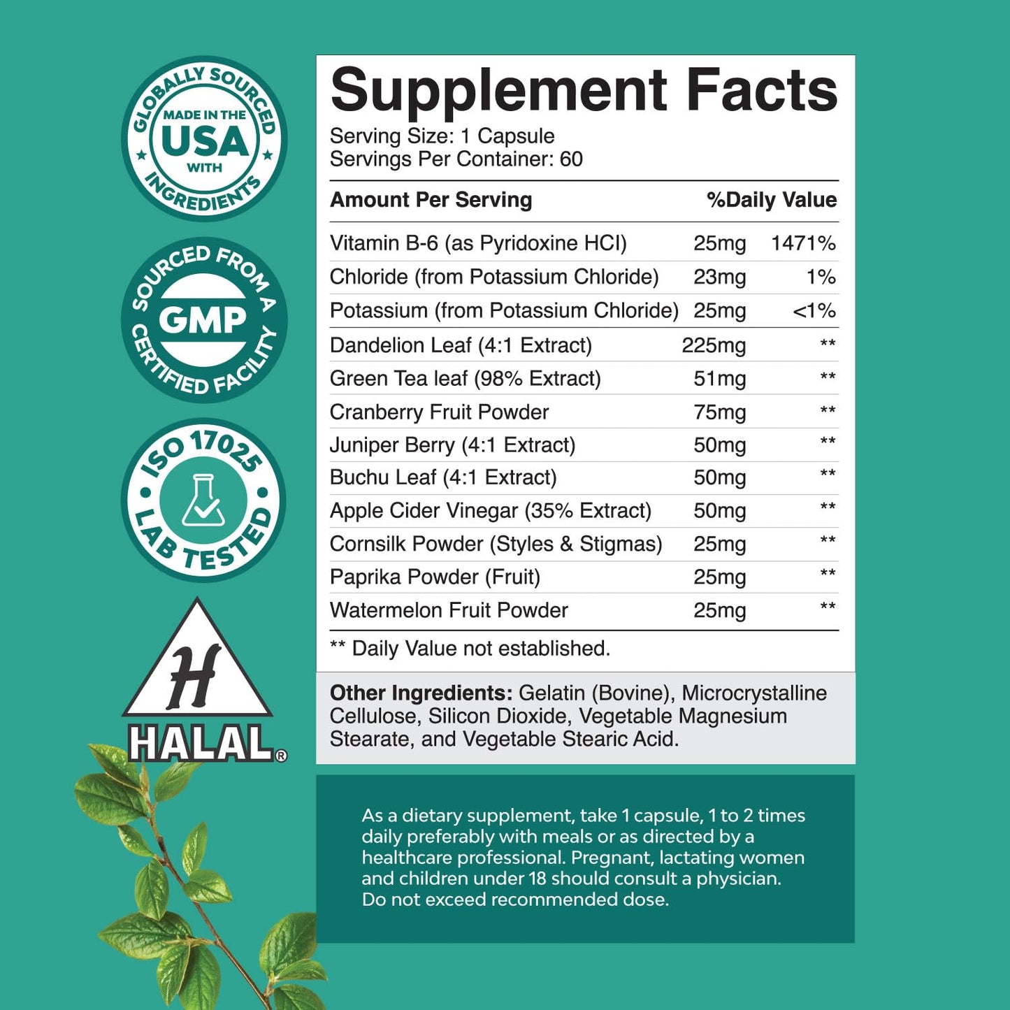 Water Away Herbal Diuretic Pills High Strength - Fluid Retention Supplement with Dandelion Leaf Extract & Green Tea for Bloating Relief for Women & Men - Capsules for Leg & Feet Swelling - 60 Count