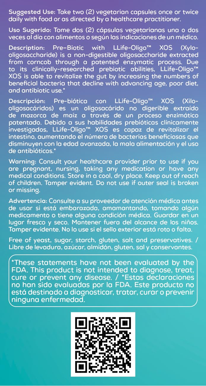 Bio Nutrition Pre-Biotic 60 Vegetarian Capsules Llife Oligo Prebiotic Fiber XOS Patented Formula Improves Gut Health | Promotes Strong Intestinal Flora