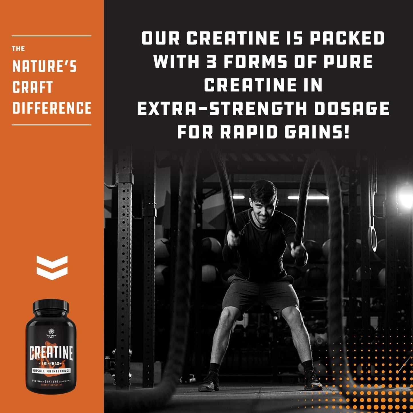 Natures Craft High Strength Tri Phase Creatine Pills - Muscle Mass Gainer and Muscle Recovery Creatine HCL Pyruvate and Monohydrate Pills-Optimal Builder Supplement for Men Women-240ct