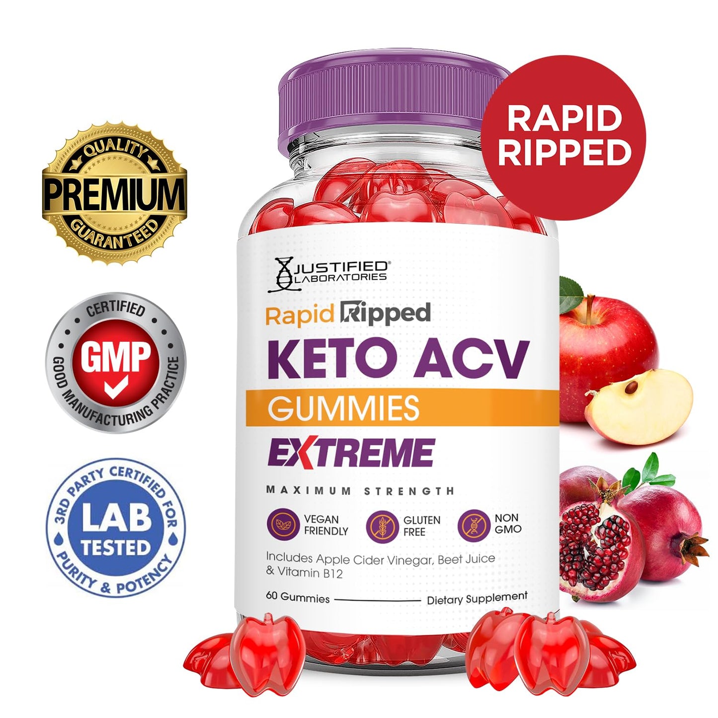 (2 Pack) Rapid Ripped Keto ACV Gummies Extreme 2000MG Rapidripped Keto Gummies Apple Cider Vinegar Formulated with Pomegranate Beet Juice Powder B12 Vegan Non GMO 120 Gummys