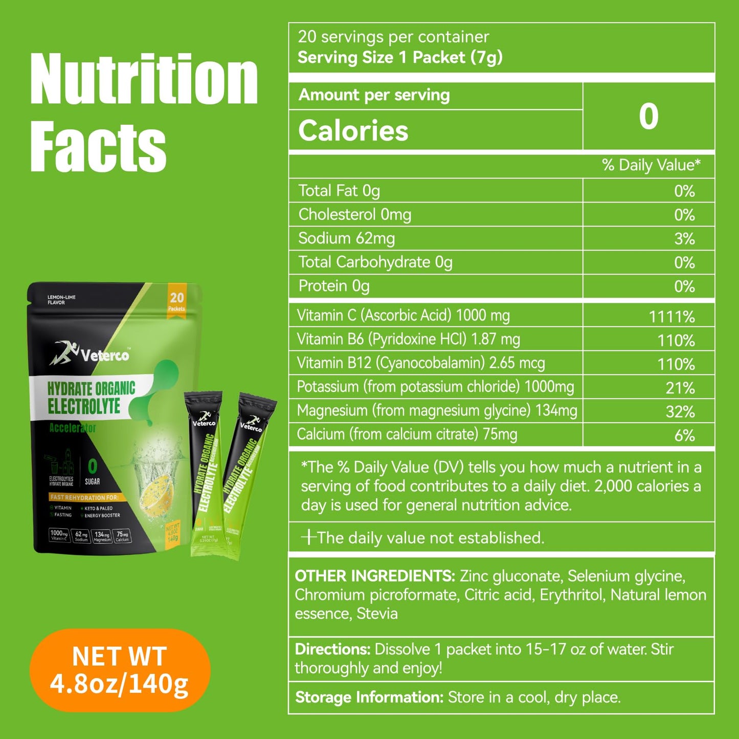 Veterco Hydration Electrolyte Powder, Electrolyte Drink, Hydration Supplement Drink Mix, Hydration Packets with Vitamin & Minerals, Keto Friendly, Vegan, Non-GMO, No Sugar, Lemon Flavor (20 Sticks)