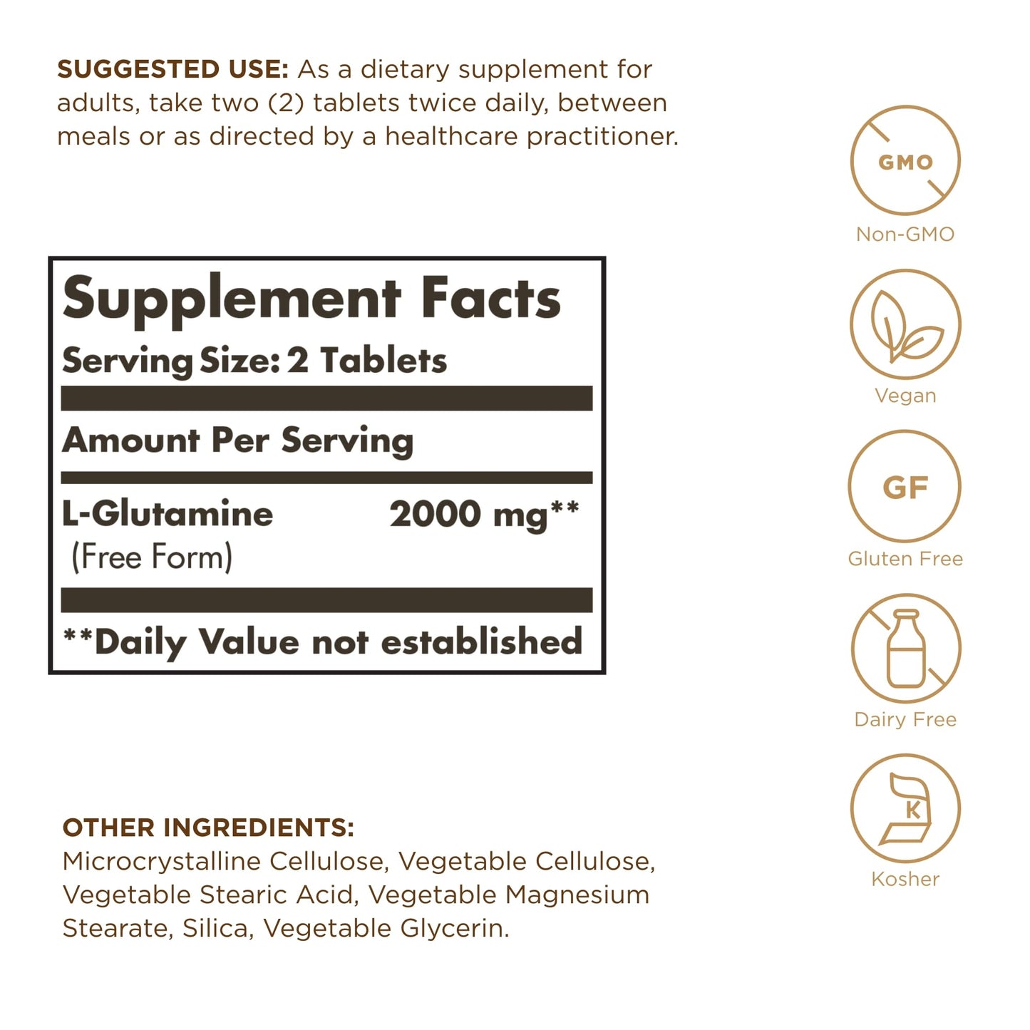 SOLGAR L-Glutamine 1000 mg - 60 Tablets, Pack of 3 - Non-GMO, Vegan, Gluten Free, Kosher - 90 Total Servings