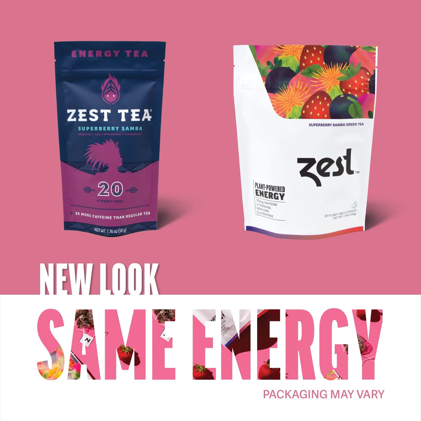 Zest 135mg High Caffeine Energy Leaf Blend Superberry Samba Green Tea 20 Pack Bag Hot or Iced All Natural Strong Flavored Healthy Coffee Highly Caffeinated Substitute Perfect for Keto Diet