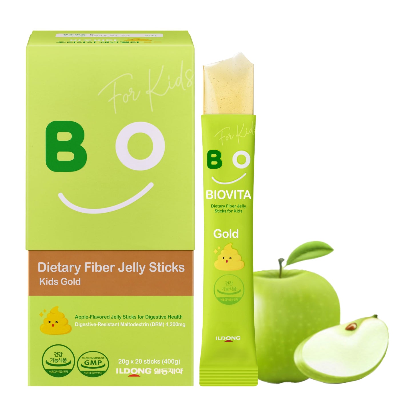BIOVITA Kids Fiber Jelly (20 Sticks) - 100% Plant-Based Soluble Fiber 4,200mg, Comfortable Bowel Movement & Constipation Relief for Children. Organic Apple Juice, Vegetable Powder.