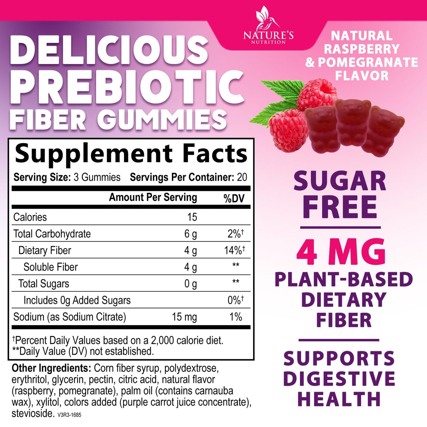Fiber Supplement Gummies - Sugar-Free Daily Gummy for Adults Digestive Health & Regularity Support - 4g Prebiotic Plant Based Fiber Supplements Blend for Women & Men - Raspberry Flavor - 60 Gummies