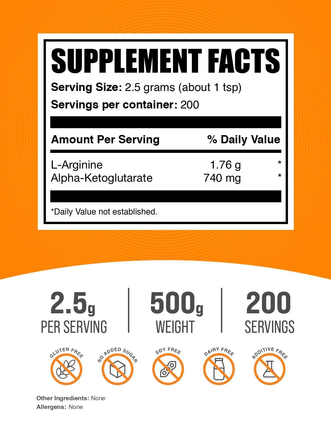 BulkSupplements.com AAKG Powder - Arginine AKG Supplement,Nitric Oxide Supplement - Unflavored & Gluten Free, 2.5g per Serving, 500g (1.1 lbs) (Pack of 1)