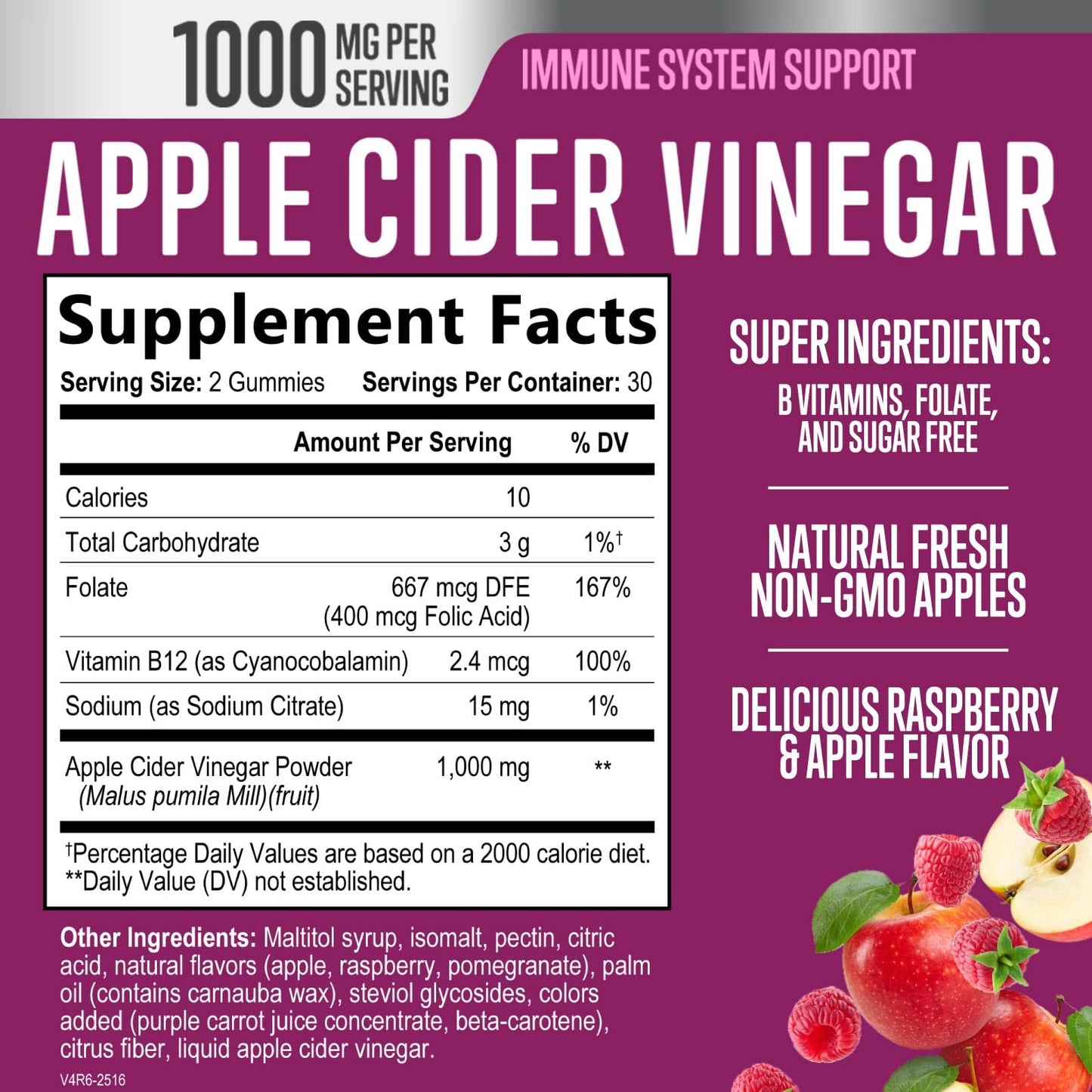 Apple Cider Vinegar Gummies Sugar Free 1000mg for Cleanse, ACV Gummy Vitamin B12 for Digestion Energy & Immune Health Support, Natural Premium Apple Raspberry Flavor, Non GMO & Vegan - 60 Gummies