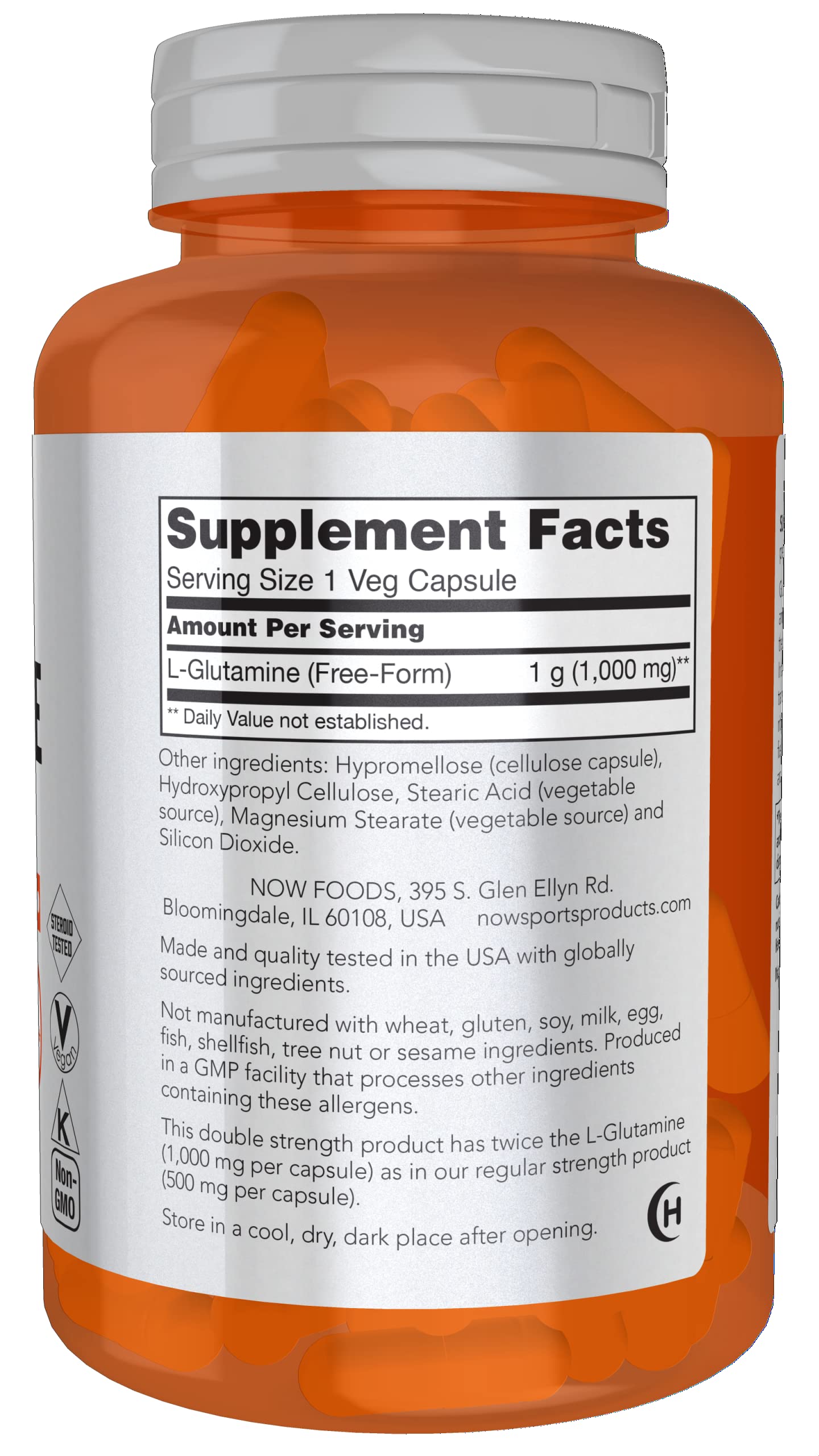 NOW Foods Sports Nutrition, L-Glutamine, Double Strength 1,000 mg, Amino Acid, 120 Veg Capsules