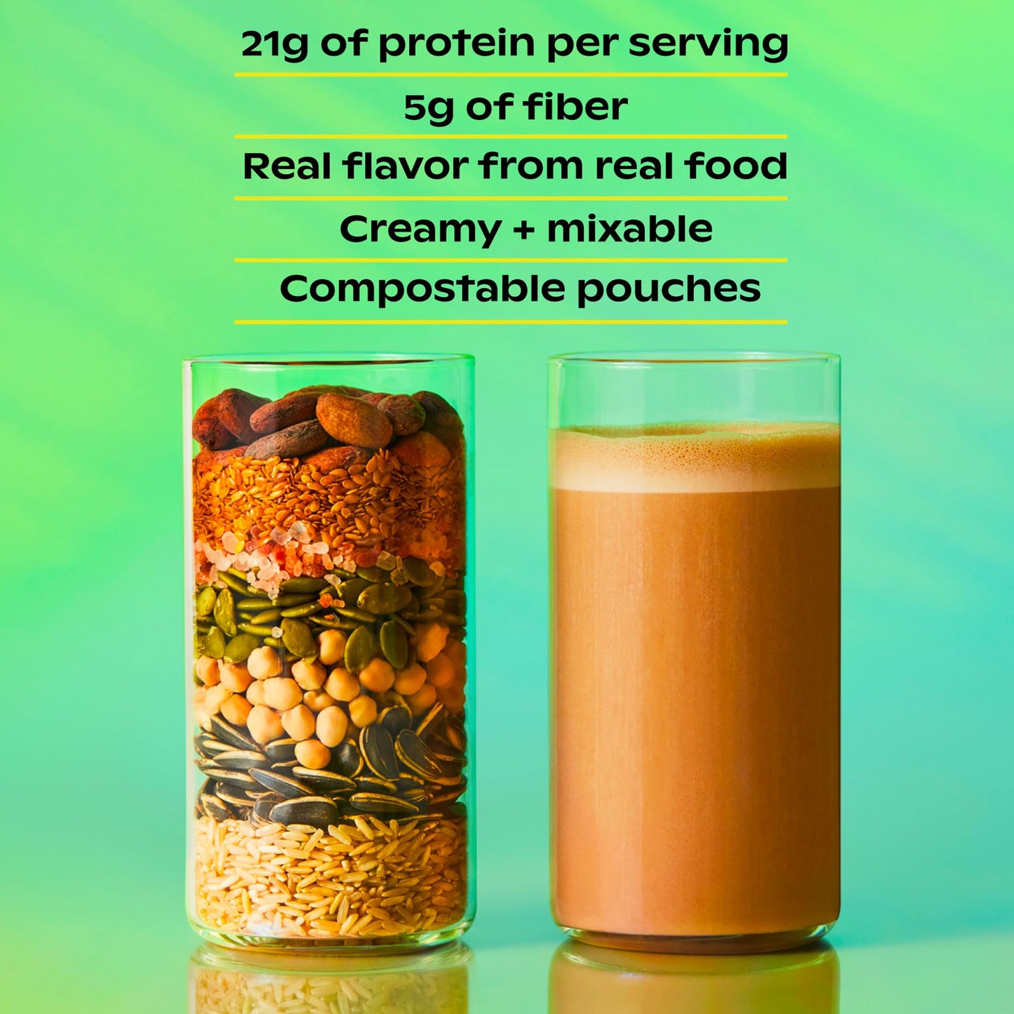 wholier Organic Plant Protein + Prebiotics. 21g of Vegan Protein. 5g of Fiber. Psyllium Husk + Green Banana for Digestion. No Natural Flavors, Gums or Fillers. Vanilla Bean