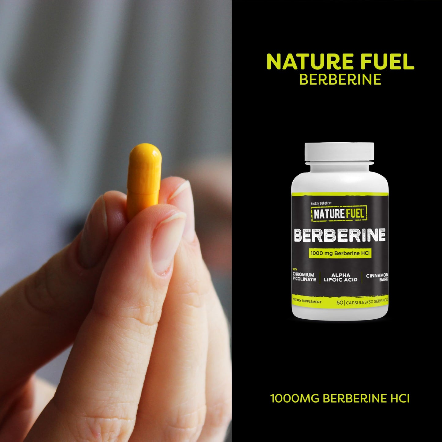 Healthy Delights Nature Fuel Berberine Capsules, Berberine Supplement, with Berberine HCl, Chromium Picolinate, Alpha Lipoic Acid, and Cinnamon Bark, 60 Count, 30 Servings