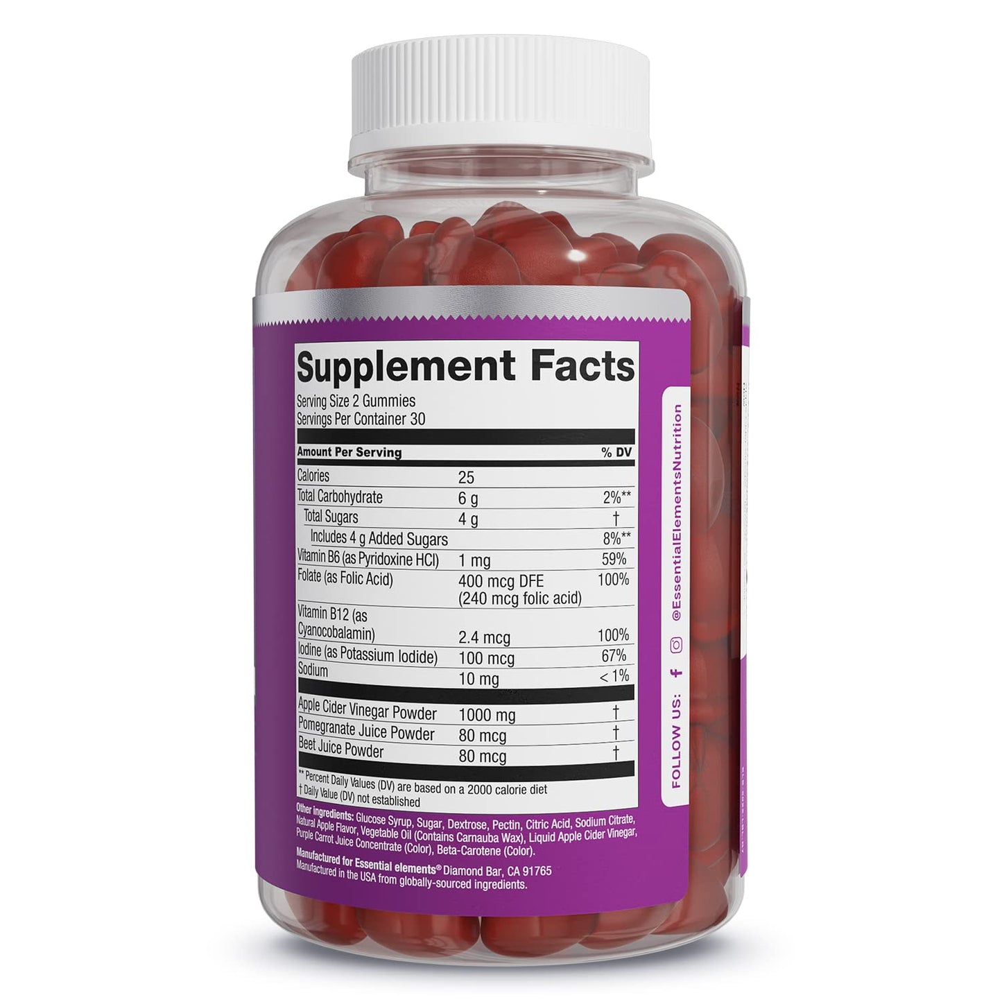 Essential Elements Apple Cider Vinegar Gummies from The Mother - Naturally-Sourced, Vegan ACV with Folic Acid and Vitamin B6 & B12 60 Count